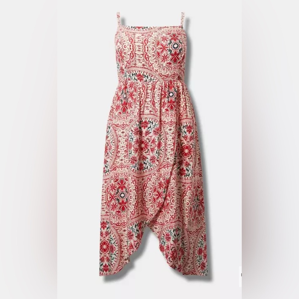 Tea Length Challis Square Neck Floral Red and White Dress